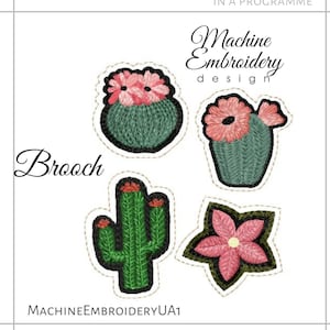 Puede incluir: Cuatro diseños de cactus bordados para un broche. Los diseños incluyen un cactus con flores rosas, un cactus con una sola flor rosa, un cactus alto con tres flores rosas y una flor rosa con un centro amarillo.
