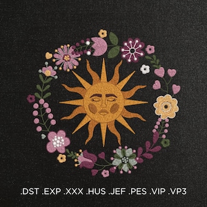 Sun & Floral Wreath Machine Embroidery Design, Celestial Sun Embroidery File, Boho Sun Face Machine Embroidery, Abstract Embroidery Pattern