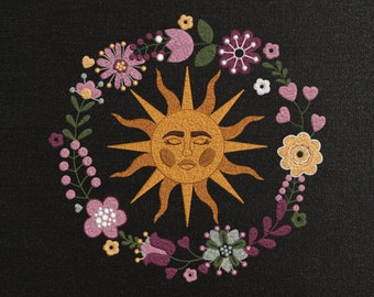 Sun & Floral Wreath Machine Embroidery Design, Celestial Sun Embroidery File, Boho Sun Face Machine Embroidery, Abstract Embroidery Pattern
