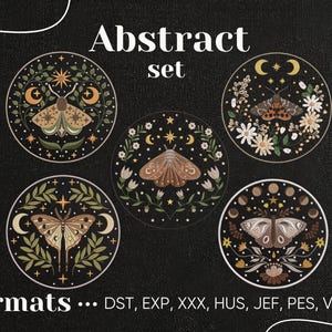 May include: An abstract set of five circular designs featuring moths, moons, stars, and floral elements in earthy tones. The designs are set against a black background with the text "Abstract set" and "Formats..." at the top and bottom.