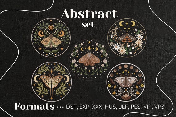 Abstract Moth Machine Embroidery Set, Celestial Insect PES Embroidery Designs, Floral & Moon Patterns, Mystical Nature Embroidery Wall Decor