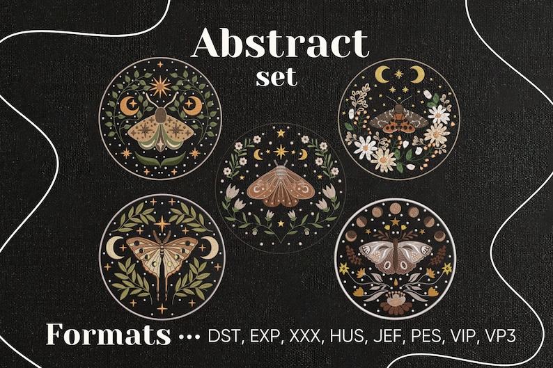 May include: An abstract set of five circular designs featuring moths, moons, stars, and floral elements in earthy tones. The designs are set against a black background with the text "Abstract set" and "Formats..." at the top and bottom.