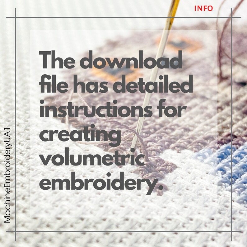 K&ouml;nnte beinhalten: Nahaufnahme einer Nadel und eines Fadens, die einen bunten Stoff n&auml;hen. Der Text "The download file has detailed instructions for creating volumetric embroidery." ist im Bild sichtbar.