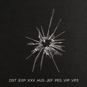 Pode incluir: Uma imagem em preto e branco de uma janela rachada com um buraco no centro. O texto '.DST .EXP .XXX .HUS .JEF .PES .VIP .VP3' está na parte inferior da imagem.