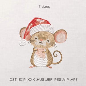 May include: An embroidered design of a smiling mouse wearing a Santa hat. The mouse is brown with pink accents and black whiskers. The Santa hat is red and white. The text "7 sizes" is above the mouse, and file type extensions are below.