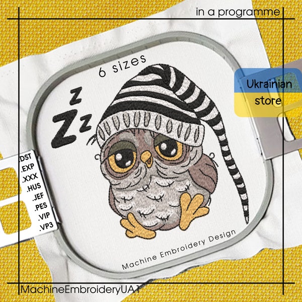 Cute Sleepy Owl Machine Embroidery Design - File di ricamo gufo - 6 dimensioni - Download istantaneo