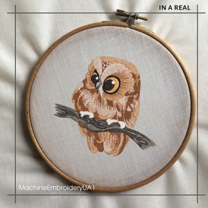 May include: Embroidered owl design in a wooden hoop. The owl is brown and tan with large, expressive eyes and is perched on a gray branch. The text "IN A REAL" is at the top, and "MachineEmbroideryUA1" is at the bottom.
