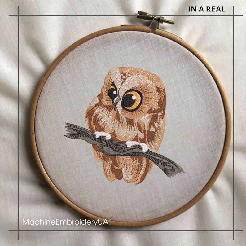 May include: Embroidered owl design in a wooden hoop. The owl is brown and tan with large, expressive eyes and is perched on a gray branch. The text "IN A REAL" is at the top, and "MachineEmbroideryUA1" is at the bottom.