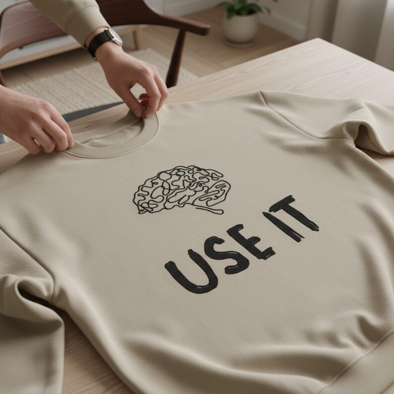 Może przedstawiać: Beżowa bluza z czarną grafiką m&oacute;zgu i napisem "USE IT" poniżej. Bluza wykonana jest z miękkiego materiału i ma okrągły dekolt. Zdjęcie przedstawia bluzę na drewnianej powierzchni.