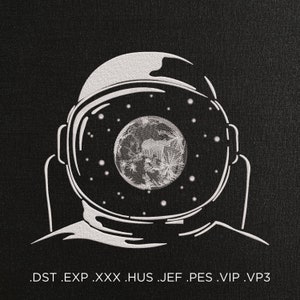 May include: A white outline of an astronaut's head with a view of the earth from space. The text .DST .EXP .XXX .HUS .JEF .PES .VIP .VP3 is at the bottom of the image.