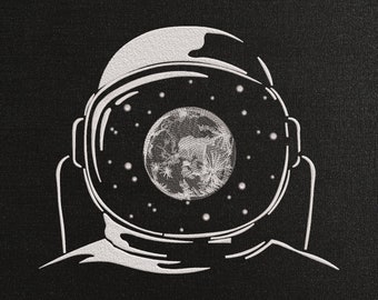 May include: A white outline of an astronaut's head with a view of the earth from space. The text .DST .EXP .XXX .HUS .JEF .PES .VIP .VP3 is at the bottom of the image.