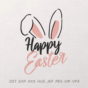Modello di ricamo a macchina di buona Pasqua, ricamo di orecchie di coniglio pasquali, disegno di ricamo per borsa tote, idea regalo per cartolina di Pasqua con ricamo fai da te
