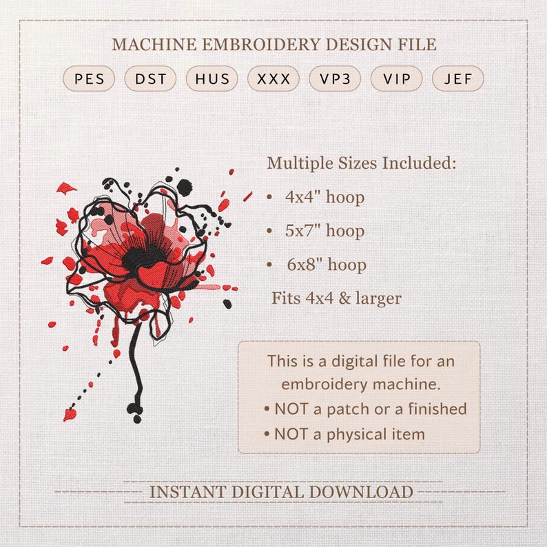 Poppy Embroidery Design File, Watercolor Flower Machine Embroidery Pattern, Floral Embroidery for Clothes, Instant Download, PES DST JEF VP3 image 2