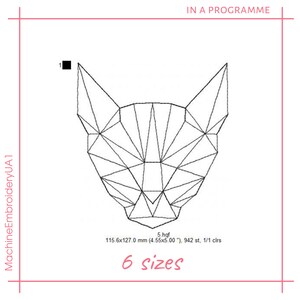 K&ouml;nnte beinhalten: Ein geometrisches Linienkunstdesign eines Katzenkopfes in Schwarzwei&szlig;. Das Design ist in einem einfachen, modernen Stil gehalten. Das Bild enth&auml;lt den Text "5.hqf", "115.6x127.0 mm (4.55x5.00 ")", "942 st, 1/1 clrs" und "6 Gr&ouml;&szlig;en".