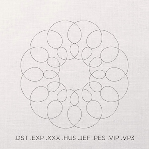 Peut inclure: Un motif géométrique noir et blanc avec une série de cercles qui se chevauchent formant un motif circulaire. Le motif est sur un fond blanc avec une texture subtile. Le texte '.DST .EXP .XXX .HUS .JEF .PES .VIP .VP3' est en bas de l'image.