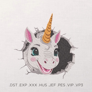 May include: A white unicorn with a gold horn peeks out of a hole in a gray wall. The unicorn has pink ears, blue eyes, and a wide, toothy grin.