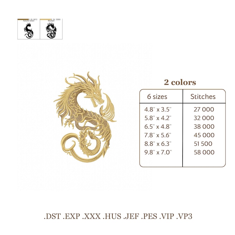 Chinese Dragon Embroidery Design, Gold Dragon Machine Embroidery File, Japanese Style Dragon, Fantasy Dragon Embroidery, Tattoo Dragon image 4
