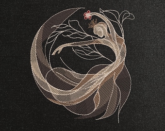 May include: An embroidered design of a graceful figure with flowing fabric and floral accents, in shades of brown and white, against a black background. The text "7 sizes" is at the top. Below the design are the file formats: .DST .EXP .XXX .HUS .JEF .PES .VIP .VP3.