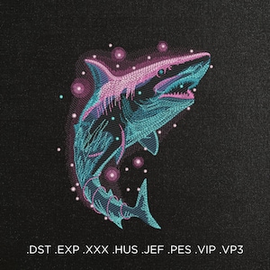 Magic Shark with Fireflies Machine Embroidery Design - Shark Embroidery Files - 6 Sizes - Instant Download