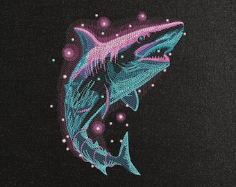 Magic Shark with Fireflies Machine Embroidery Design - Shark Embroidery Files - 6 Sizes - Instant Download