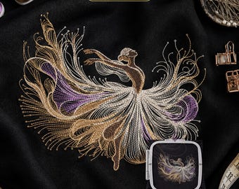 May include: A digital machine embroidery file design featuring a stylized dancer in motion. The embroidery uses gold, white, and purple thread on a black fabric background. The text reads DIGITAL FILE MACHINE EMBROIDERY and .PES | .DST | .VIP | .XXX | .HUS | .VP3 | .JEF.
