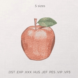 May include: An embroidered design of a red apple with a green leaf. The design is available in five sizes and in the following formats: DST, EXP, XXX, HUS, JEF, PES, VIP, and VP3.