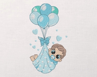 Baby Boy with Balloons Machine Embroidery Design - Cute Baby Embroidery Files - 10 Sizes - Instant Download