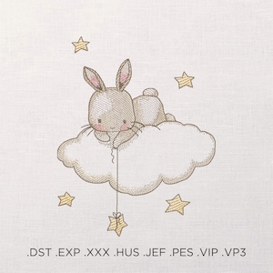 Cute Rabbit with Stars - Rabbit on a Cloud - 5 Sizes - Instant Download