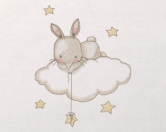 Cute Rabbit with Stars - Rabbit on a Cloud - 5 Sizes - Instant Download