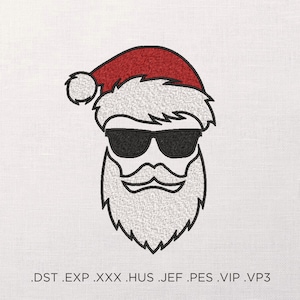 May include: A black and white line drawing of Santa Claus wearing sunglasses and a red Santa hat. The image is on a white background.