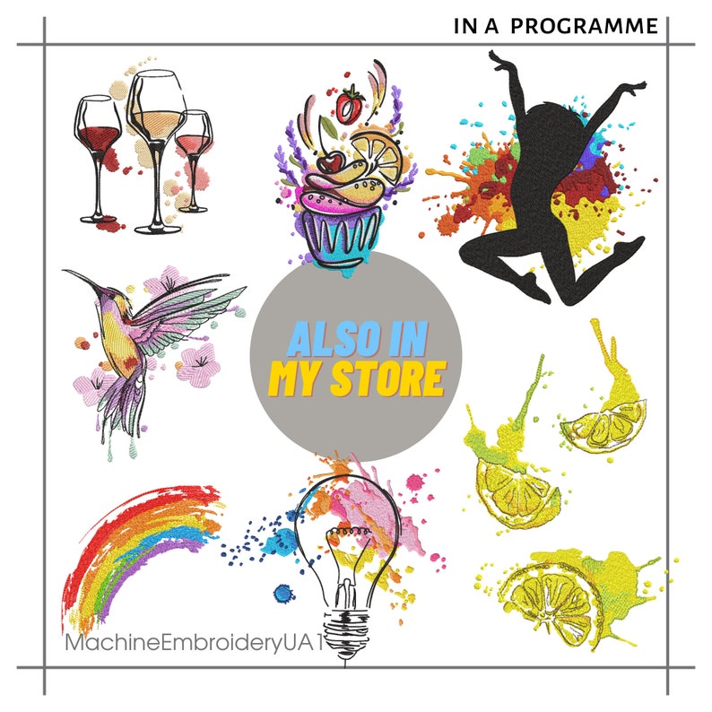 May include: A colorful digital design featuring a rainbow, a lightbulb, a cupcake, a hummingbird, a silhouette of a dancer, and lemons. The text "ALSO IN MY STORE" is in a circle on a gray background. The text "IN A PROGRAMME" is at the top of the image.