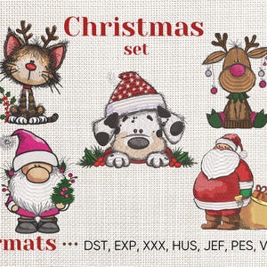 May include: A Christmas set featuring embroidered designs of a cat, dog, reindeer, gnome, and Santa Claus. The cat and reindeer wear antlers, the dog wears a Santa hat. The text "Christmas set" and "Formats" are also included.