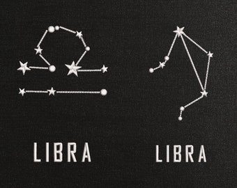Puede incluir: Ilustración en blanco y negro de la constelación de Libra con la palabra "LIBRA" escrita debajo. El texto ".DST .EXP .XXX .HUS .JEF .PES .VIP .VP3" está escrito debajo de la imagen.