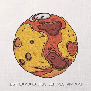 May include: A yellow and red embroidered planet with a white spot on the top. The planet has a textured surface with a variety of craters and bumps.