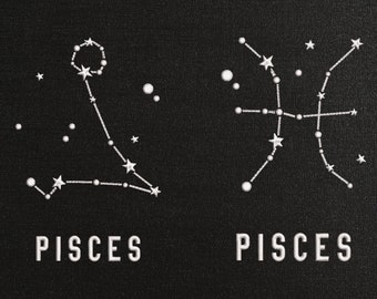 Puede incluir: Dos ilustraciones en blanco y negro del signo del zodíaco Piscis con la palabra "PISCES" escrita debajo de cada ilustración. El texto ".DST .EXP .XXX .HUS .JEF .PES .VIP .VP3" está escrito debajo de las ilustraciones.