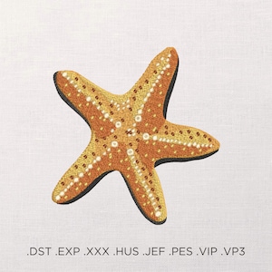 May include: A brown and orange starfish with white dots embroidered on a white fabric background.