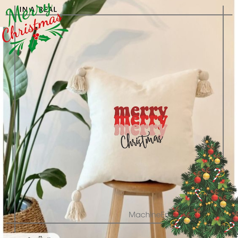 May include: A square off-white throw pillow with tassels at each corner. The center features the text merry in three stacked rows of red and pink, followed by the word Christmas in black script. The pillow sits on a wooden stool.
