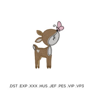 Cute Deer with Butterfly Machine Embroidery Pattern, Woodland Animal Embroidery Design, PES Embroidery File, Baby Clothes Embroidery Pattern