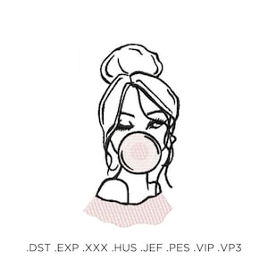 Mädchen mit Kaugummi Maschinenstickerei Design, Moderne Skizzenstil Portrait Stickerei, Mode Frau Umriss Muster, Digitale Stickerei