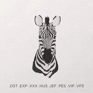 May include: Black and white zebra head illustration with a striped pattern. The zebra is facing forward with its head held high. The background is a light gray canvas.