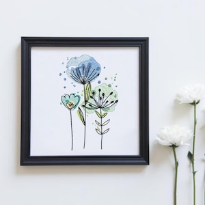May include: A framed floral art print featuring stylized blue, green, and yellow flowers. The artwork is set against a white background and framed in a black square frame. The flowers have a watercolor effect.
