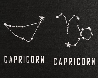 Puede incluir: Imagen en blanco y negro de la constelación de Capricornio con la palabra "CAPRICORN" escrita debajo. La constelación se representa dos veces, con el texto "DST.EXP.XXX.HUS.JEF.PES.VIP.VP3" debajo de las constelaciones.