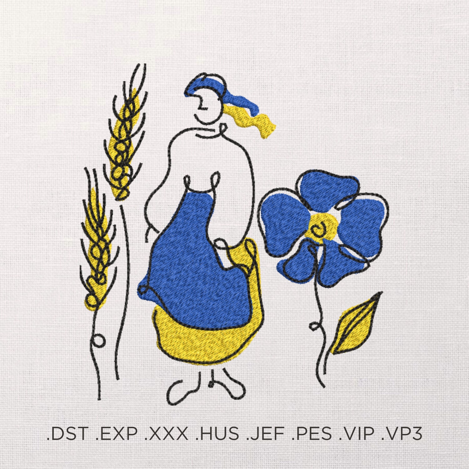Ukrainian Folk Art Machine Embroidery, Minimalist Line Art Woman with Wheat & Flower, Blue - Yellow Pattern, National Symbol Embroidery File