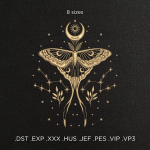 May include: Gold embroidery design of a moth with a crescent moon and stars on a black background. The design includes the text "8 sizes" and ".DST .EXP .XXX .HUS .JEF .PES .VIP .VP3".
