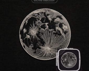 月の機械刺繍デザイン、リアルな月の刺繍パターン、満月の刺繍デザイン、Tシャツやパーカー用のモダンな刺繍