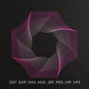 Könnte beinhalten: Ein geometrisches Design in Pink und Weiß mit einem Sternenausbruchmuster auf schwarzem Hintergrund. Der Text .DST .EXP .XXX .HUS .JEF .PES .VIP .VP3 befindet sich am unteren Rand des Bildes.