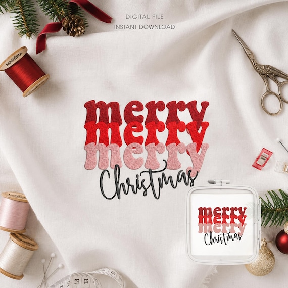 Retro Merry Christmas Machine Embroidery Design, Groovy Holiday Digitized Stitch File, Christmas Pattern PES DST
