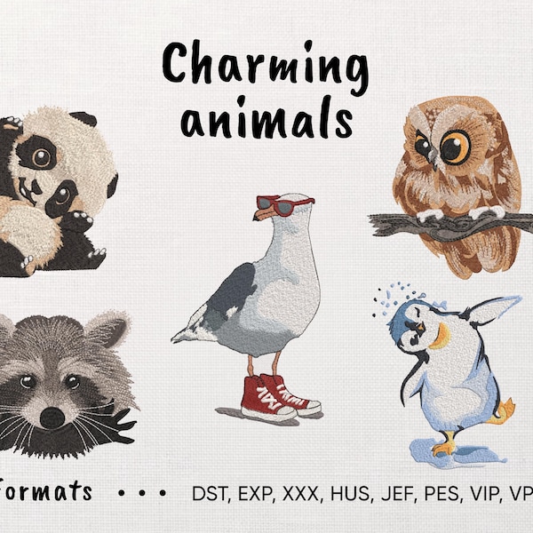 Patrón de bordado a máquina de animales encantadores, diseño de bordado con temática de animales lindos, conjunto de cinco archivos de bordado de animales, conjunto de animales amigables