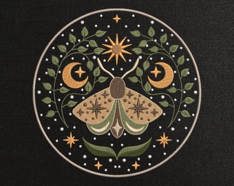 Night Moth Machine Embroidery Design, Celestial Embroidery For Dark Fabric, Hoop Embroidery For Pillowcase, Tote Bag Embroidery Pattern, PES