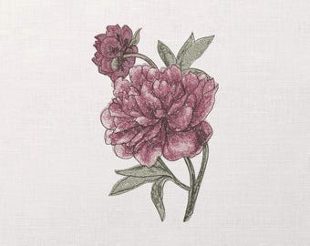Peony Machine Embroidery Pattern, Floral Embroidery Design, Peony Embroidery For Napkins, Floral Embroidery For Shirt, Romantic Embroidery